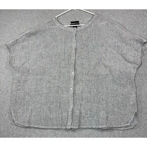 Tahari Blouse Women's Size Medium Boxy 100% Linen Textured Short Sleeve Button